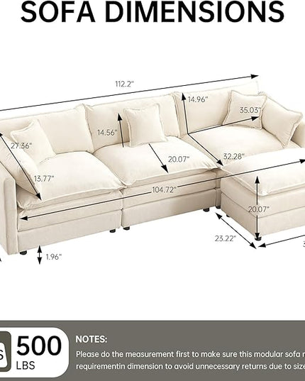 Modular Sectional Sofa, 112.2 Inch L Shaped Couch Set with Armrests, 3-Seater Comfy Cloud Couches with Movable Ottoman for Living Room Apartment, Beige