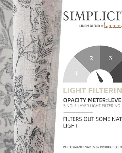 Lazzzy Floral Linen Farmhouse Curtains 63 Inch Length Drapes for Living Room Bedroom Pattern Light Filtering Country Vintage Curtain Grommet Top, 2 Panels, Black on Beige