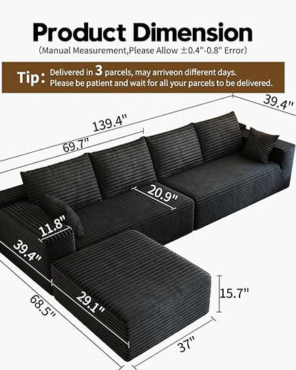 139.4" Modular Sectional Sofa, L-Shaped Minimalist Couches with Ottoman Chaise, Modern Deep Seat Convertible Sleeper Sofa,Cloud Plush Corduroy Fabric, No Assembly Required, 5 Seater, Black