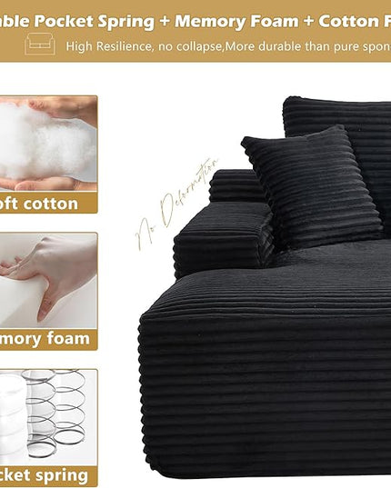 67" Boneless Chaise Lounge Chair,Indoor Corduroy Oversized Sleeper Sofa w/9.9'' Wide Armrest & 3 Soft Pillows, Convertible Boneless Sofa Bed - 2-in-1 Chair & Ottoman for Reading, Living Room,Black
