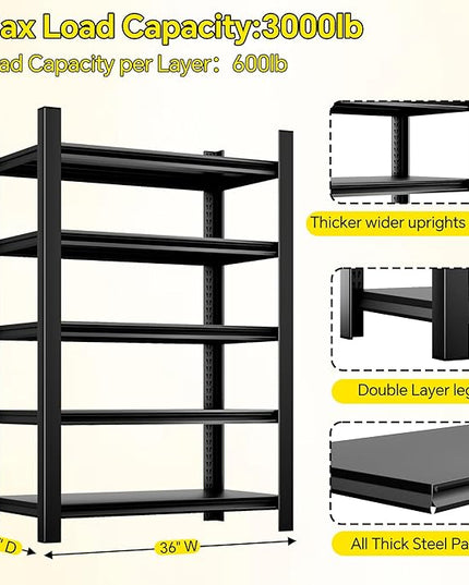 CJF Adjustable Garage Storage Shelves, 5-Tier Garage Shelving Heavy Duty, Metal Industrial Utility Shelf for Warehouse, Kitchen, Laundry Room,Warehouse-Black (71 "H x 36" W x 16" D)