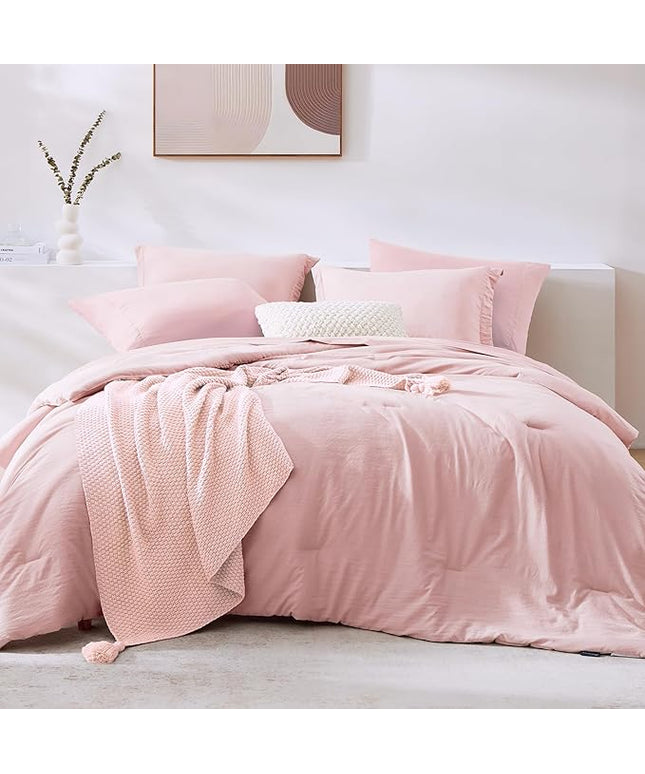 WRENSONGE Full Size Comforter Set- 7 Pieces Soft Pink Bed in a Bag Full Size Comforter with Fitted Sheet, Flat Sheet, 2 Pillow Shams, 2 Pillowcases, Warm Bedding Sets for All Season