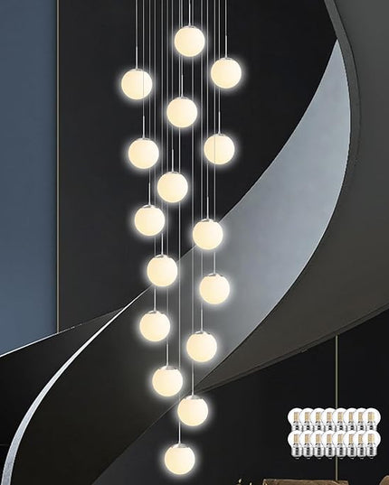 KoKo&Yukina 16-Light Nickel Mid Century Modern Chandelier for Living Room Staircase Chandelier for Entryway Globe Milky White Glass Pendant Light High Ceiling Chandeliers Foyer (Bulb & Remote Incl.)