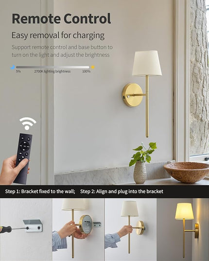 Gold Wall Sconces Set of Two, Small Rechargeable Battery Operated Wall Lamp with Remote, 5200mAh Cordless Wall Lights with Fabric Shade for Bedroom, Bedside, Nursery, Kitchen, Night Light