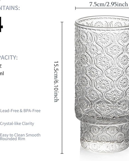 Drinking Glasses Set of 4, 16oz Textured Flower Design Cocktail Glasses, Stackable Old Fashioned Glass Cups, Vintage Glassware for a baby Shower Wedding for Kitchen and Bar - Dishwasher Clear