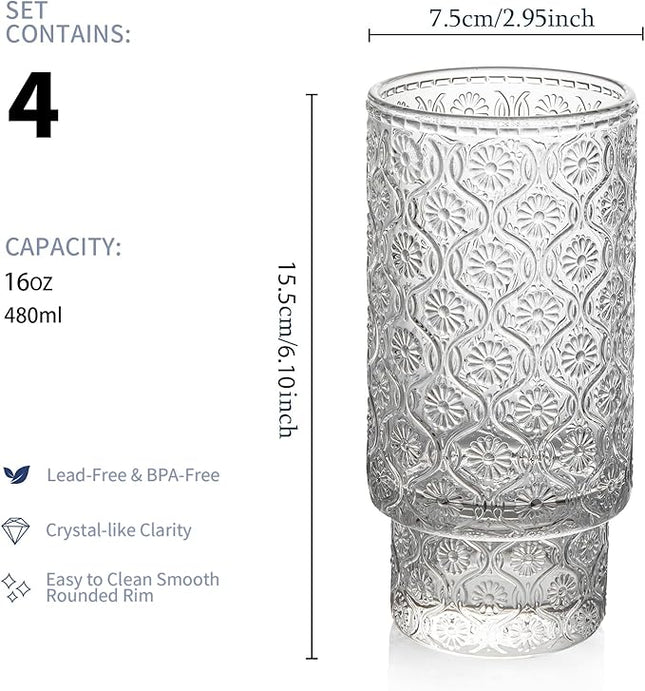 Drinking Glasses Set of 4, 16oz Textured Flower Design Cocktail Glasses, Stackable Old Fashioned Glass Cups, Vintage Glassware for a baby Shower Wedding for Kitchen and Bar - Dishwasher Clear
