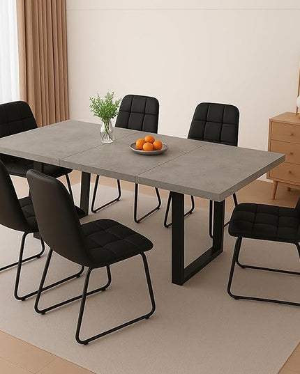 ZckyCine 67" Expandable Dining Table Set for 6, 7-Piece Modern Dining Room Table Set with Gray Wood Grain Finish and Upholstered Chairs, Extendable Kitchen Table with Black Metal Legs
