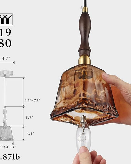 Modern Amber Glass Pendant Light, 4.33"x9.8" Hanging Fixture with Golden Wood Handle & Brass Cap, 15"-72" Adjustable Line, E26 Socket – Golden Amber Square