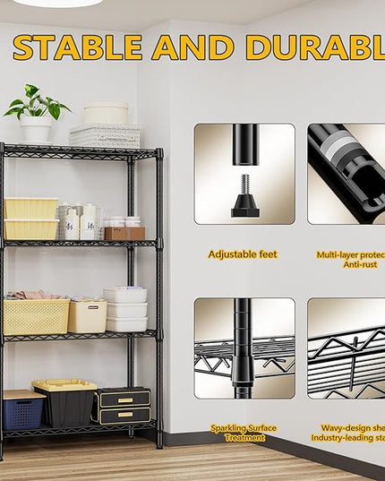 1000 lbs 4 Tier Shelf Metal Storage Shelves Shelving Wire Rack Heavy Duty Closet Organizers for Garage Kitchen Bathroom Laundry Black 15.7" D x 33.5" W x 59.5" H