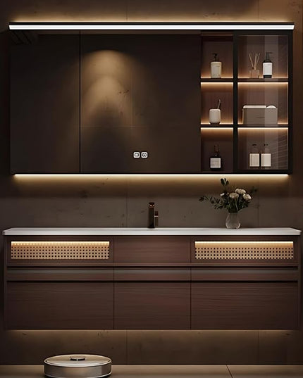 70IN Bathroom Vanity with Sink, including Motion Activated Lighting & LED Lights, One Touch Defogging Mirror | Floating Bathroom Cabinet Vanity, Equipped with Glass Side Cabinet, Brown (Style A)