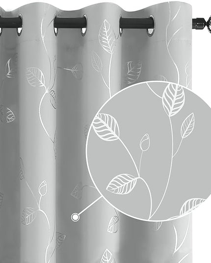 BUHUA Wave Silver Leaf Print Blackout Curtains for Living Room Darkening Curtains Light Blocking Curtains for Bedroom 52W×84L Silver Grey 2 Panels