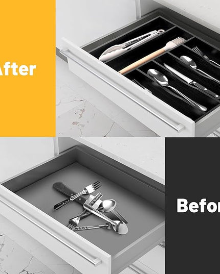 Kitchen Bamboo Silverware Organizer, Kitchen Drawer Organizer - Utensil Holder and Cutlery Tray with Grooved Drawer Dividers for Flatware 7 Slot, Black