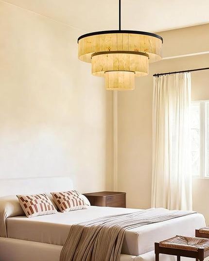 D34.3 Round Alabaster Chandelier, 3-Tier Brass Marble High Ceiling Chandeliers, Modern Dining Room Chandeliers Living Room Light for Entryways, Foyer, Stair, Kitchen Black(Include Bulbs)