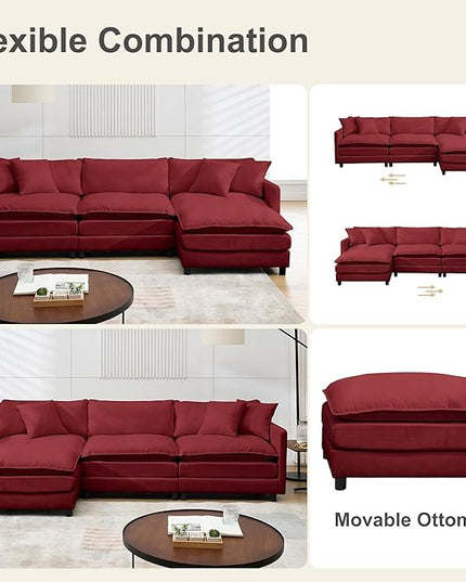 Modular Sectional Sofa,108.27'' Modern Sofa Sleeper Couch with 3 Seat & 1 Ottoman & 3 Pillows Sofa Set, Comfy Cloud Couches with Movable Ottoman for Living Room,Chenille (Wine red, L Shaped)