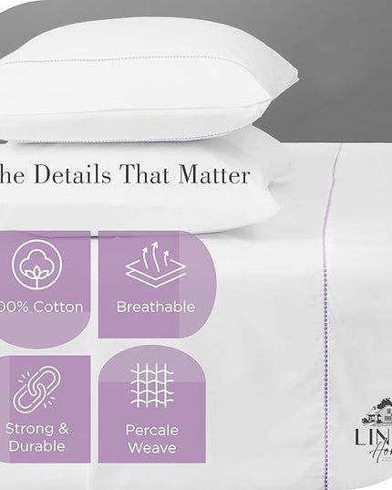 Linen Home 100% Cotton Percale Pearl Stitch Pillowcases King Size, Mauve Lavender, 2 Pieces of Pillow Case, Crisp and Cool Strong Bed Linen, 20 inches X 40 inches