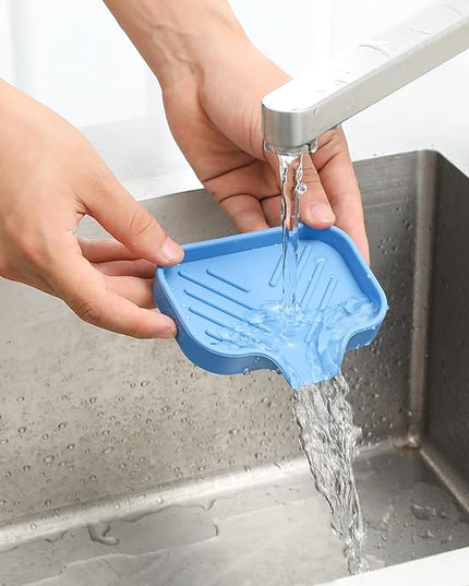 Silicone Bathroom Soap Dishes with Drain Spout-Bathroom and Kitchen Sink Organizer,Sponge Holder,Dish Soap Tray,Perfect for Dispenser,Scrubber,Bottle,Cup on Counter Lichen Blue 4.9"×3.2"