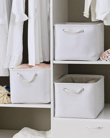 TheWarmHome Storage Basket for Shelves - 15.8x11.8x11.8 inch 3 Pack Fabric Storage Cubes, Collapsible Storage Bin for Organizing Organizer Closet Book Gift Dog(White)