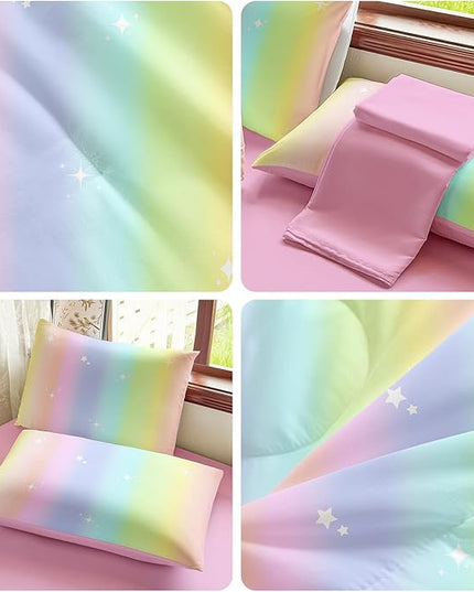 Rainbow Bedding Set Full Size – 5 Piece Reversible Girls Comforter with Deep-Pocket Sheet, Gradient Galaxy Design, Whole-Piece Filling, Machine Washable Bed-in-a-Bag for Kids Room Makeover & Gifts