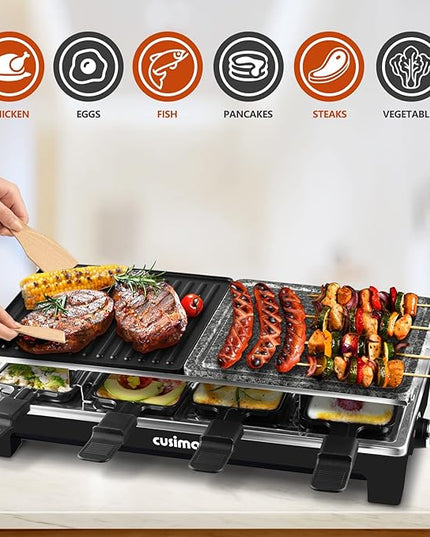 Raclette Table Grill, CUSIMAX Indoor Grill Electric Grill, Portable Korean BBQ Grill with 2 in 1 Reversible Non-stick Plate & Natural Grill Stone, 8 Raclette Pans 8 Wooden Spatulas for Family Fun