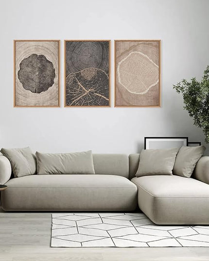 HOURIA Neutral Brown Tree Rings Framed Canvas Wall Art Set,Modern Beige Tan Wood Stump Wall Decor,Vintage Abstract Tree Spiral Art Print,Nature Black Artwork for Living Room,Bedroom,Office- 24"x36"x3