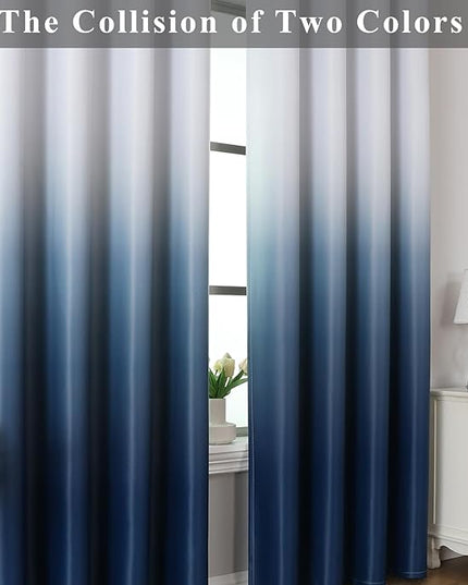 Estelar Textiler Navy Blue and Greyish White Ombre Blackout Curtains for Living Room, Energy Efficient Room Darkening Drapes, Grommet Thermal Insulated Window Treatments for Bedroom,52Wx72L (2 Panels)