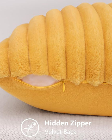 decorUhome Faux Fur Spring Throw Pillow Covers 20x20 Set of 2, Decorative Soft Plush Striped Neutral Couch Euro Pillow Covers with Velvet Back for Sofa, Bed, Living Room Home Decor, Mustard Yellow