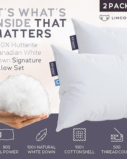 Lincove Signature 100% Natural Canadian White Down Luxury Sleeping Pillow - 800 Fill Power, 500 Thread Count Cotton Shell, Made in Canada, Queen - Firm, 2 Pack