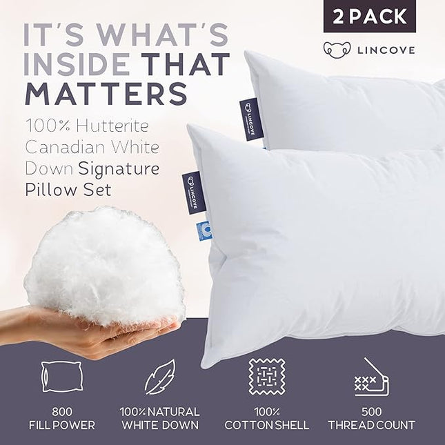 Lincove Signature 100% Natural Canadian White Down Pillow - Luxury Sleeping Pillow for Back, Stomach & Side Sleepers - 800 Fill Power Bed Pillow, 500 Thread Count, Made in Canada, King - Firm, 2 Pack