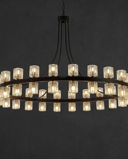 48" Wagon Wheel Chandelier Black Wagon Wheel Chandelier with Crystal Shade, 48 Lights, Modern Farmhouse Style, Ideal for Dining Room, Kitchen, Entryways