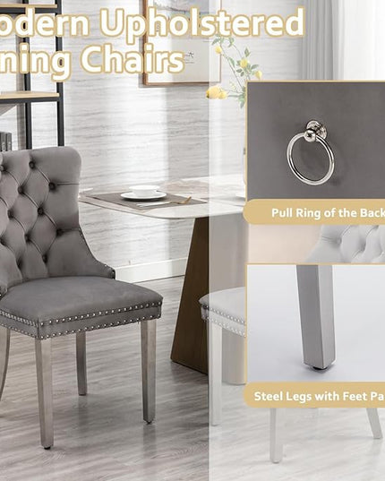 5-Piece Glass Dining Table Set w/4 Gray Upholstered Dining Chairs, 70in Rectangular Large Kitchen Table Set for 4, Glass and Silver Dining Table and Chair Set for 4