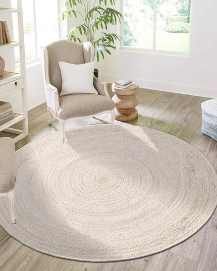 FRELISH DECOR Handwoven Jute Area Rug - Off-White Round Rustic Vintage Braided Reversible Rug - Eco Friendly Rug for Bedroom - Kitchen - Living Room - Farmhouse (6' Round - Off-White)