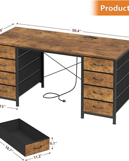 50 Inch Computer Desk with 8 Drawers, Home Office Desk with Power Outlets, Work Study Gaming Desk with 8 Fabric Drawers, Rustic Brown