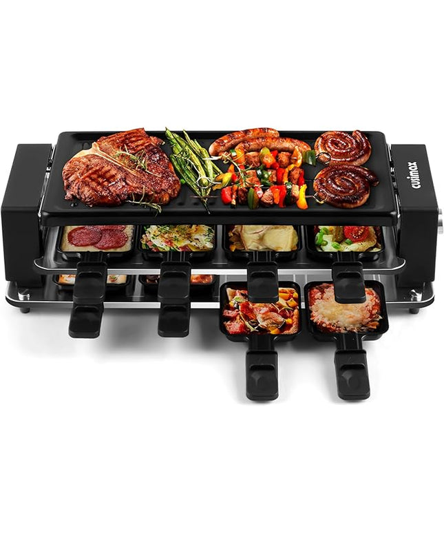 CUSIMAX Raclette Grill Korean BBQ Grill, Portable Raclette Table Grill Electric Grill with Non-stick Plate, Adjustable Temperature Control, Indoor Grill with Cool Touch Handles, 8 Cheese Trays for Fun