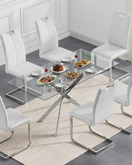 7 Piece Glass Dining Table Set, Glass Kitchen Dining Room Table Set for 6, Modern 51" Rectangular Silver Glass Metal Dining Table with 6 White Leather Dining Chairs for Kitchen Dining Room