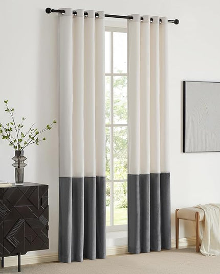 BULBUL Color Block Window Curtains Panels 120 inches Long Cream Ivory Grey Velvet Farmhouse Drapes for Bedroom Living Room Darkening Treatment with Grommet Set of 2