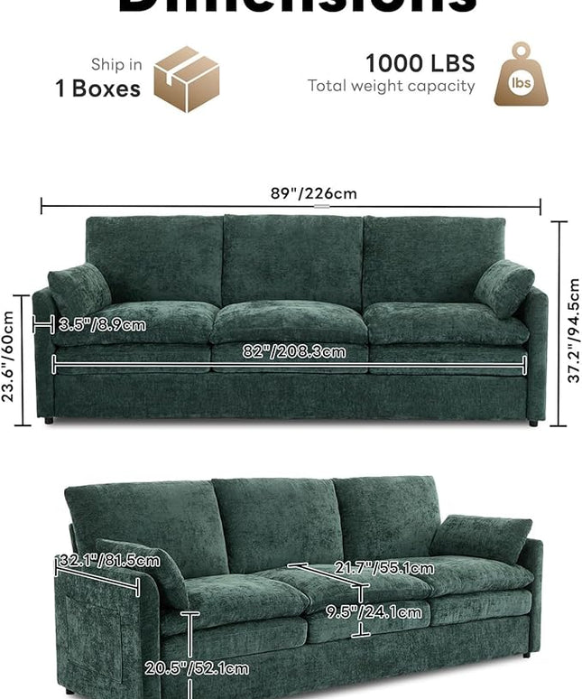 Tbfit Modern Couch, 89" Cloud Sofa Spring Seat Cushions, Comfy 3-Seater w/Pillows, Chenille Fabric Removable Covers, Soft Upholstered Living Room Furniture, Home Apartment, Green