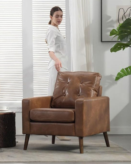 PU Accent Arm Chair with Tufted Back, Faux Leather Comfy Upholstered Single Sofa, Mid Century Modern Side Club Chair with Wood Legs for Reading/Living Room/Bedroom, Caramel