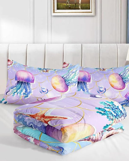 Cute Ocean Comforter Set Kids Bedding Full Size,Color Jellyfish Conch Sea Star Print Comforter for Teens Boys Girls Room Decor,Kawaii Beach Bedding Set with 2 Pillowcases.