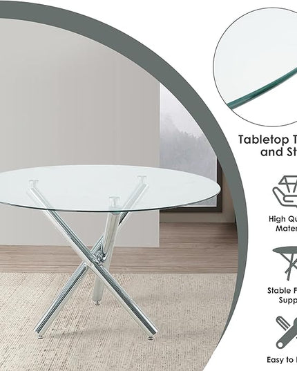 5 Pieces Round Glass Dining Set, Modern Luxury Circle Kitchen Table Set for 4, 47'' Clear Minimalist Circular Glass Top Dinner Room Set with Ivory Woven Chair, for Large Apartment (Silver)