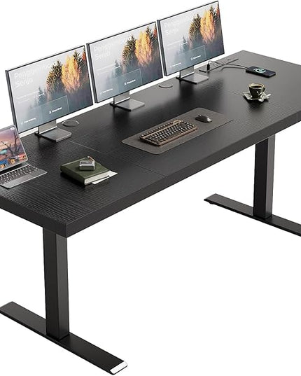 OffiGo Electric Standing Desk with 3-Piece Board, 71 Inch Height Adjustable Large Desk with Power Outlets, Sit Stand Table, Writing Computer Desk for Home, Office, Workstation, Black