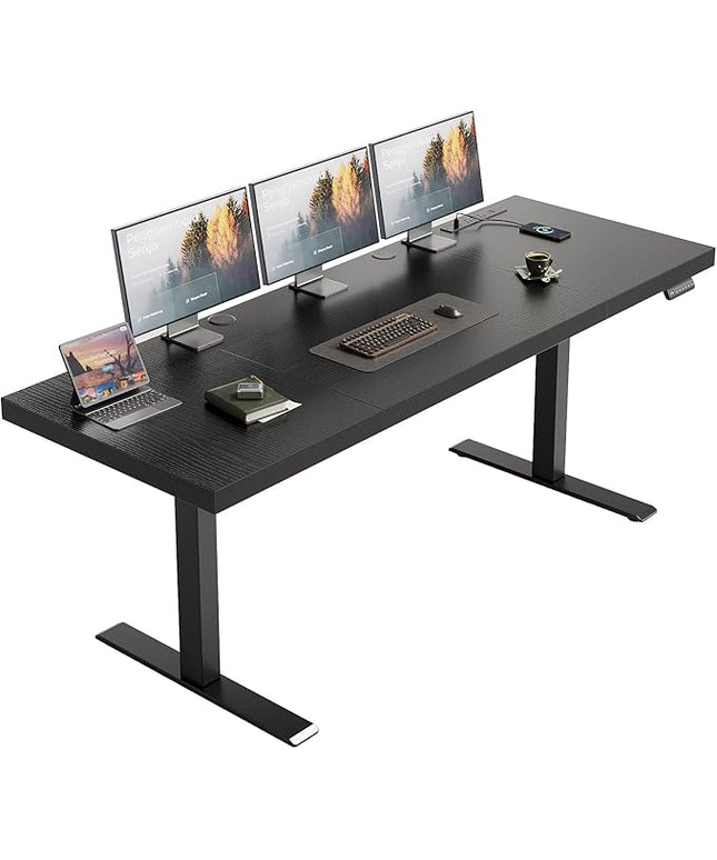OffiGo Electric Standing Desk with 3-Piece Board, 71 Inch Height Adjustable Large Desk with Power Outlets, Sit Stand Table, Writing Computer Desk for Home, Office, Workstation, Black