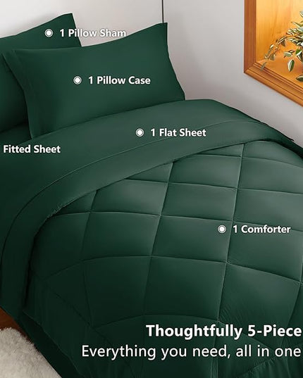 CozyLux Twin XL Comforter Set Emerald Green - 5 Pieces Twin Extra Long Bed in a Bag for College Dorm, All Season Bedding Set for Girls and Boys, Soft Bed Set with Comforter, Sheets, Pillowcase & Sham