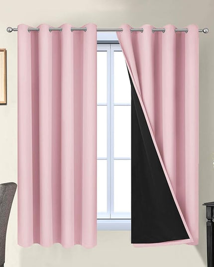 Yakamok 100% Blackout Curtains Energy Saving Thermal Insulated 2 Thick Layers Completely Blackout Drapes with Black Liner for Bedroom (52Wx63L, Pink, 2 Panels)