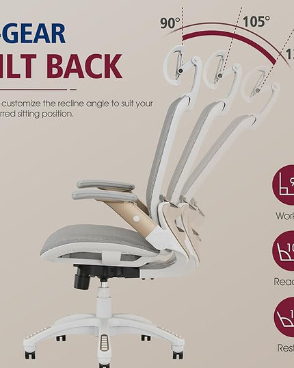 GABRYLLY Ergonomic Office Chair, High Back Home Desk Chair with Headrest, Flip-Up Arms, 90-120° Tilt Lock and Wide Cushion, Big and Tall Mesh Chairs for Man Woman, White Task Chair