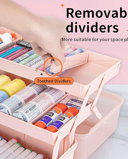 14in 3-Layer Multipurpose Craft Organizers and Storage with Adjustable Dividers, Portable Tackle Box, Folding Art & Craft Case for Medicine, Tool, Sewing Organizer (Pink, X-Large)