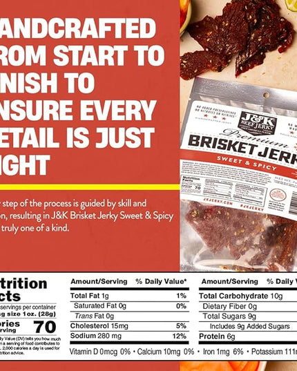 J&K Jerky Sweet & Spicy Brisket, Small Batch Handcrafted Beef Jerky 7 oz