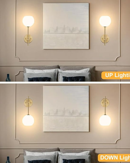 Gold Battery Operated Wall Sconces Set of 2, Rechargeable Wireless Wall Lights with Milky White Frosted Glass Shade, 12 RGB and 3CCT Dimmable, Wall Lamps with Remote for Bedroom Living Room Hallway