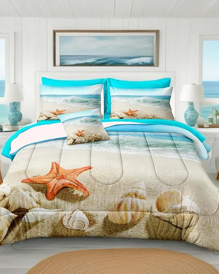 Bedbay 8 Pieces Coastal Comforter Set King Starfish Sea Life Printed King Size Bed in a Bag Beach Themed Bedding Comforter King Bed Set Women Adults Coastal Bedding Beach Room Decor(Aqua,King)