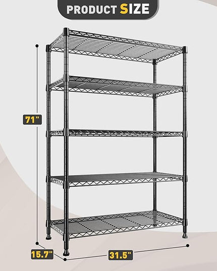 REIBII Storage Shelves, 5-Tire Wire Shelving Load 1000LBS Metal Shelves for Storage Adjustable Garage Shelving Unit Wire Shelf Rack Kitchen Storage Rack Pantry Shelves 31.5''W x 15.7'' D x 71''H