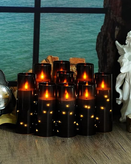 Flickering Flameless LED Candles, 9 Pcs with Embedded Star String, Acrylic LED Pillar Candles with Remote, Suitable for Home Decoration (Black)